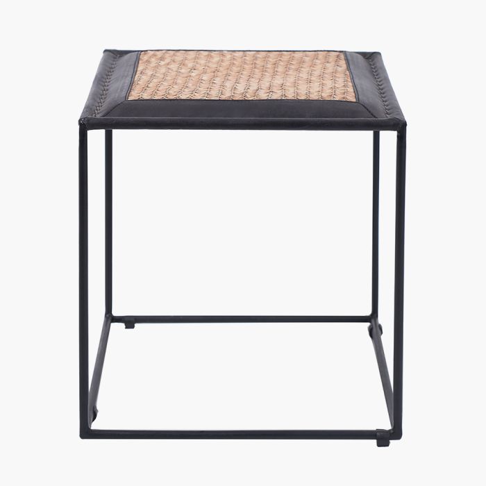 Ezio Black Leather, Woven Rattan and Iron Stool