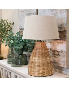 Conical Wicker Table Lamp With Linen Shade