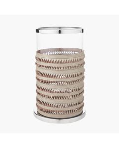Clear Glass Large Hurricane with Grey Leather